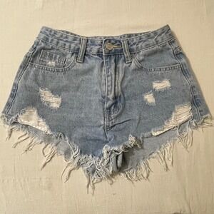 SHEIN Womens XXS Distressed Denim Shorts Light Wash High Rise Frayed Hem Size 0